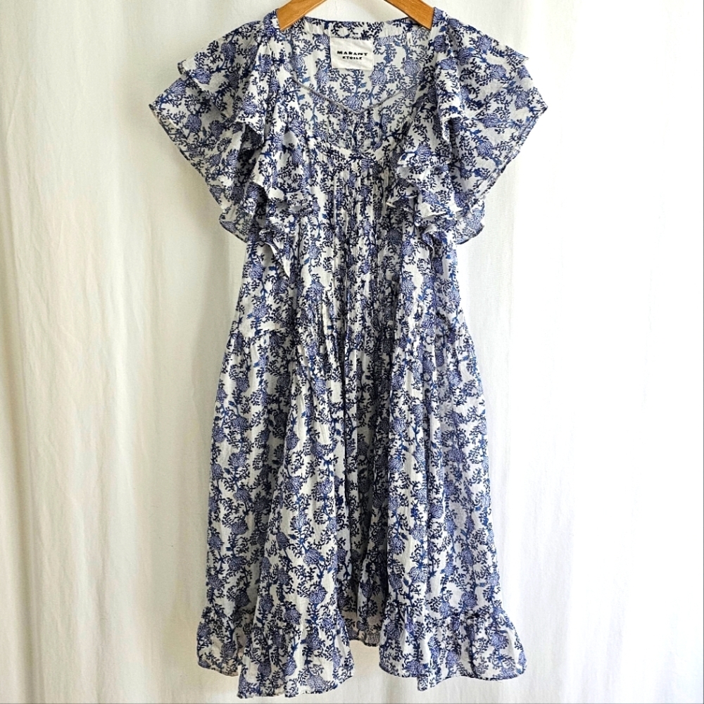 🇨🇵 Isabel Marant Etoile White & Blue Godrana Mini Dress - Picture 2 of 16